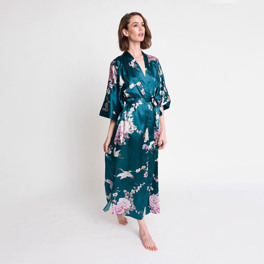 KIM+ONO Chrysanthemum and Crane Long Kimono Robe With Belt Teal Floral Satin